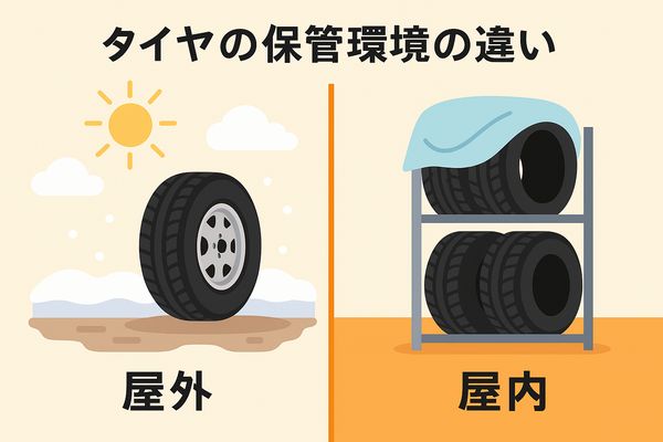 屋外と屋内のタイヤ保管環境を比較した横長イラスト