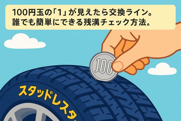 100円玉を使ってスタッドレスタイヤの残溝を確認する様子を示すイラスト