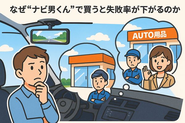 ナビ男くんでデジタルインナーミラーを購入することで失敗リスクが下がる理由を示す比較イラスト