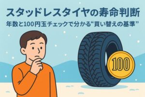 スタッドレスタイヤの寿命を年数と100円玉チェックで判断する様子を描いたイラスト