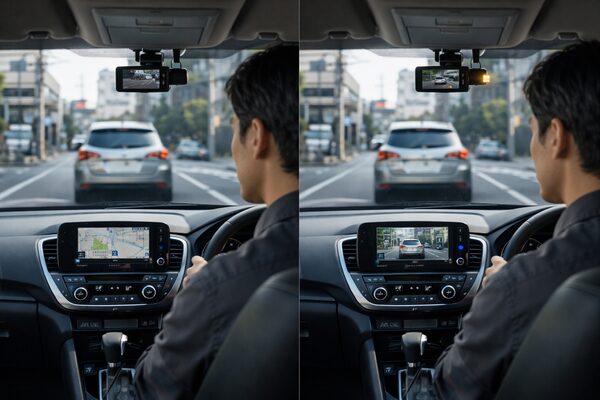 ZDR043とZDR018の違いを表現した車内視点の比較イメージ（右ハンドル車・前方視界とドライバーの安心感の違い）