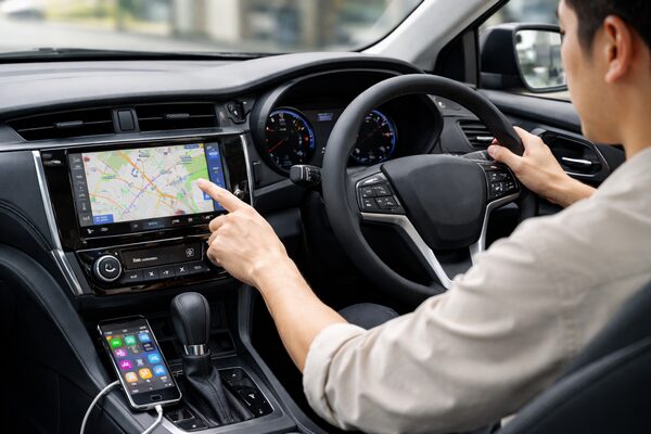 社外カーナビとスマートフォン連携で快適に操作する運転席の様子（右ハンドル車）