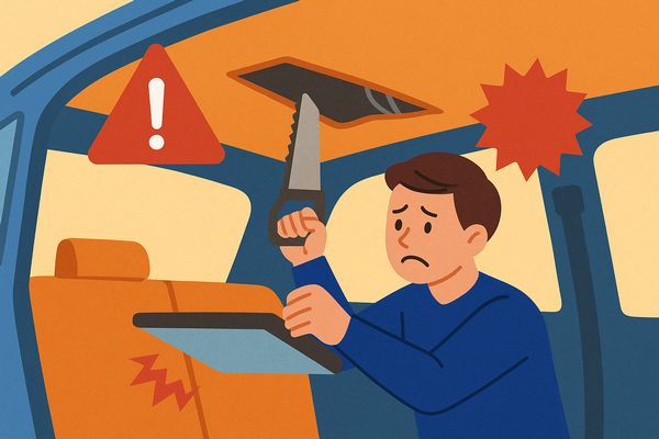 アルファード フリップダウン後付けの天井加工でDIYが失敗する危険を示すイラスト|誤ったカットが骨格や配線に干渉し、浮き・歪み・落下リスクにつながる様子