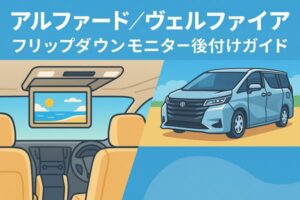 アルファード／ヴェルファイアのフリップダウンモニター後付けガイドをイメージしたアイキャッチ画像｜車内の天井モニターと外観イラストで記事テーマを視覚化