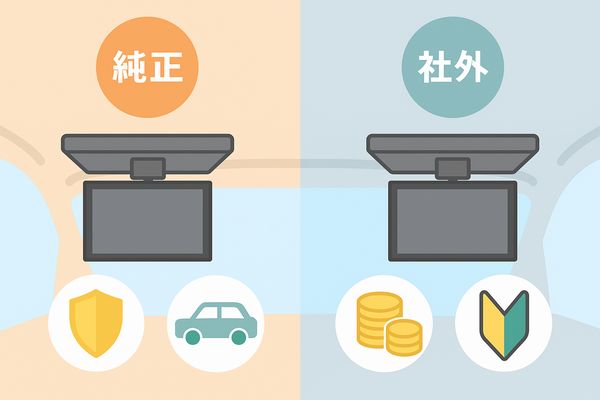 アルファード フリップダウンモニターの純正と社外の違いを比較する図解イメージ|安心感・フィット感とコスパ・選択肢の差が分かる