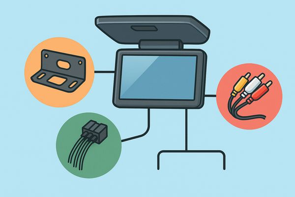 アルファード フリップダウン後付けに必要な3つの部品(取付キット・映像ケーブル・電源ハーネス)を示す図解イメージ|本体だけでは取り付けできない理由を視覚化