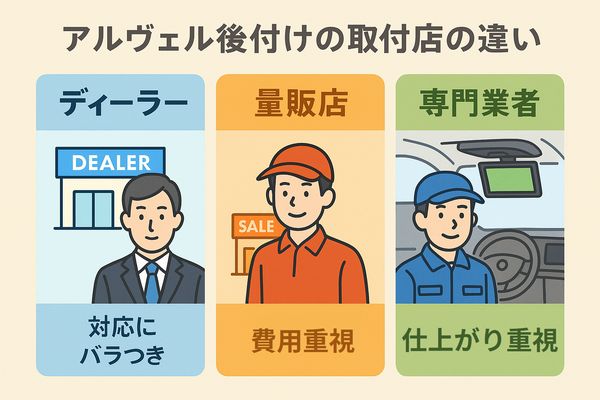 アルファード フリップダウン後付けで選べるディーラー・量販店・専門業者の違いを比較した図解|対応のバラつき・費用重視・仕上がり重視の特徴がひと目で分かる