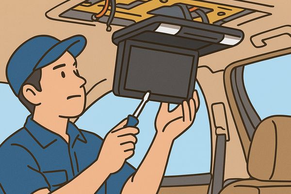 アルファード フリップダウン後付けを専門業者が施工している様子を描いたイラスト|天井内部の骨格や配線を理解した職人が高精度にモニターを取り付けているシーン