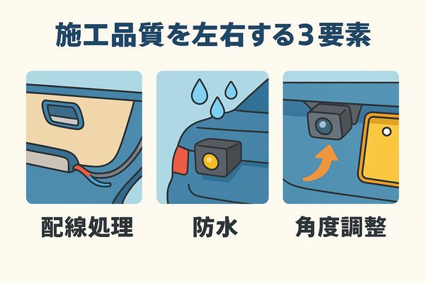 バックカメラ取付の施工品質を左右する3つの要素(配線処理・防水・角度調整)をまとめた図解イラスト