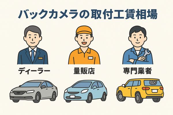 バックカメラの持ち込み取付における工賃相場を、ディーラー・量販店・専門業者の3種類で比較した図解イラスト