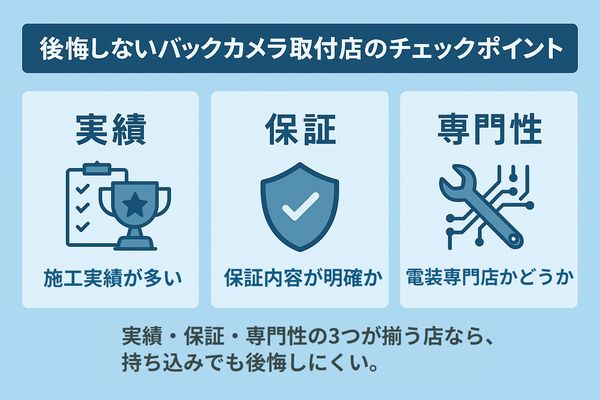 バックカメラの持ち込み取付で後悔しないために、実績・保証・専門性の3つをチェックすべきだと示した図解イラスト