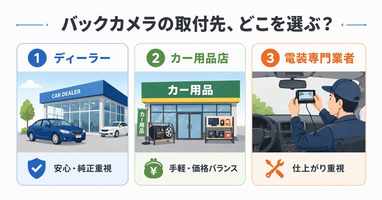 バックカメラ取り付けの依頼先の違い（ディーラー・カー用品店・専門業者）