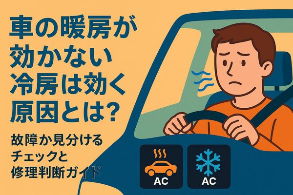 車の暖房が効かないのに冷房は効く原因を解説するイラスト(故障か見分けるチェックと修理判断ガイド)