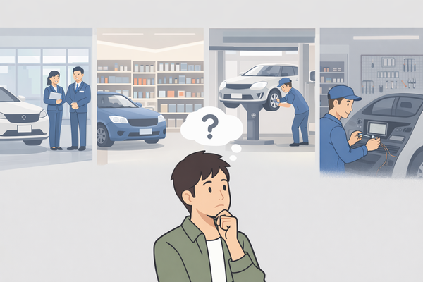 車の電装品取り付け業者の種類を比較するイラスト