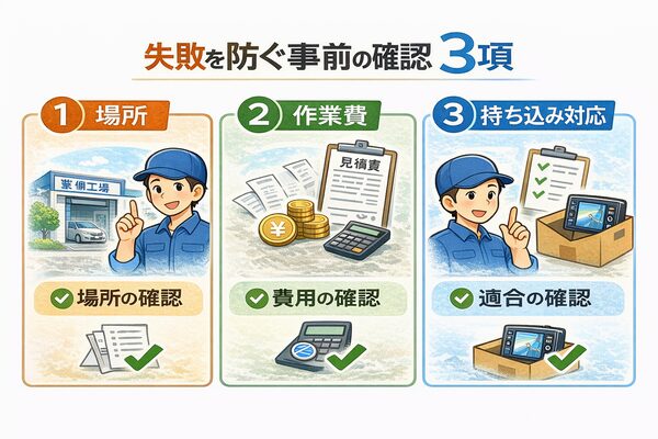 ナビや電装品の取付で失敗しないために、場所・費用・持ち込み対応の3点を事前に確認するポイントをまとめた図解イラスト