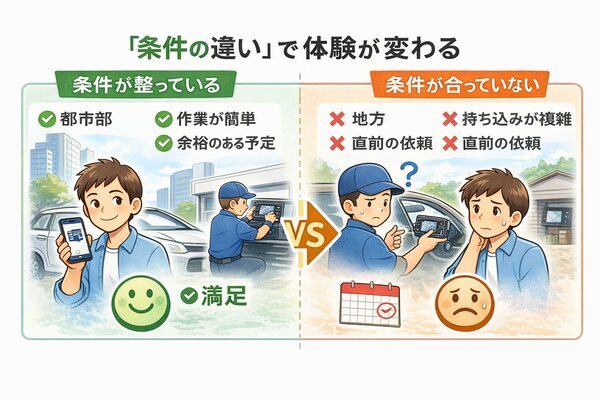 利用条件の違いによって、ナビや電装品の取付体験や口コミ評価が分かれやすいことを示した比較イラスト