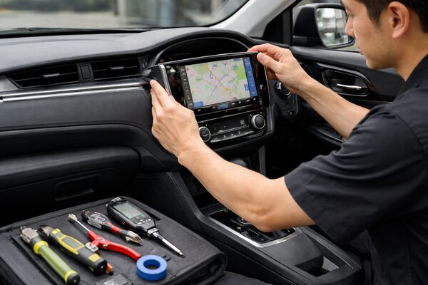 配線を隠して丁寧に取り付けられたカーナビの施工中の様子と整ったダッシュボード内部の状態