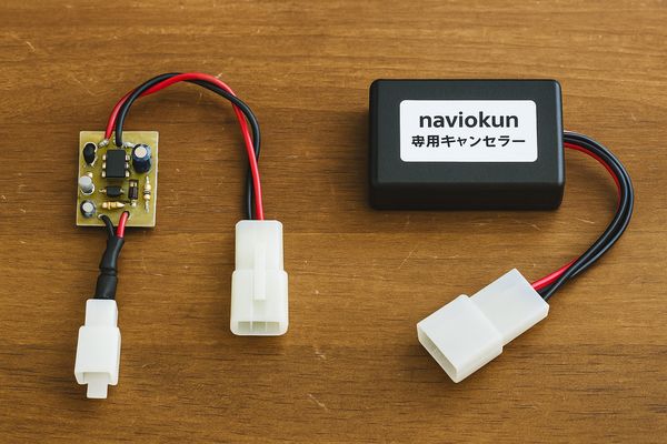 基板むき出しの安物テレビキャンセラーと、専用ケース入りのナビ男くんキャンセラーを並べて比較した写真