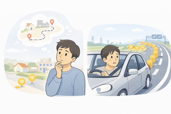 想定していた走行距離と実際の利用距離に差があり料金が増えるイメージ図