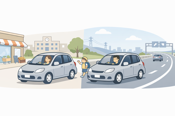 低走行ユーザーと高走行ユーザーでカーリースの向き不向きが分かれるイメージ図