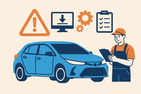 車のソフト更新・経年劣化・制御変更など、テレビキャンセラーで起こり得るトラブル例を示す整備士と車のイラスト