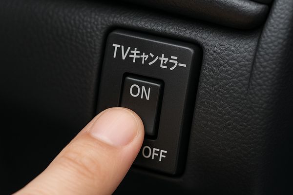 テレビキャンセラーのスイッチをONからOFFへ切り替える操作の様子を写した車内の写真風イメージ