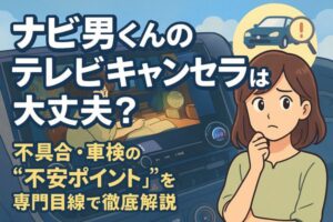 ナビ男くんのテレビキャンセラーは大丈夫?という見出しと、不具合・車検の不安をイメージした人物と車内ディスプレイのイラスト入りアイキャッチ画像