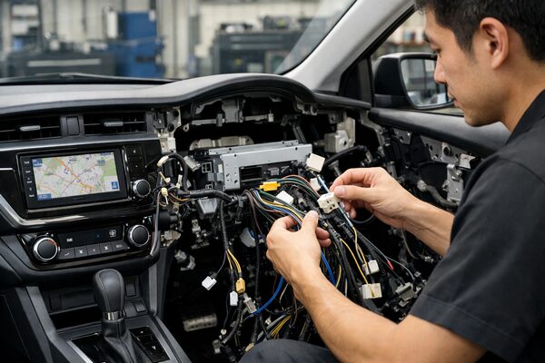 純正カーナビの裏側構造を示す配線作業中のダッシュボード内部と技術者の作業風景