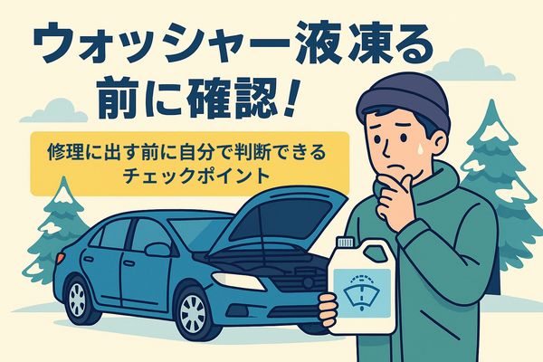 ウォッシャー液が凍る前に、修理に出す前のチェックポイントを確認しているイラスト