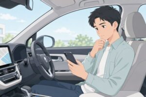 ナビ男くんの口コミを見て判断に迷う様子のイラスト