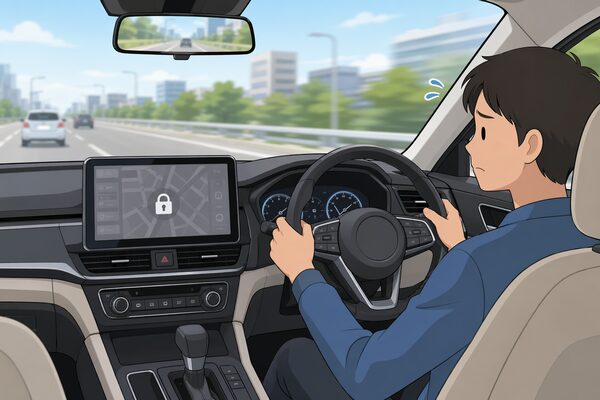 走行中にテレビやナビ操作が制限されている車内の様子（右ハンドル・ナビ画面がロック状態）