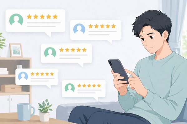 スマホで複数の口コミを確認しながら判断する人物と高評価レビューのイメージ