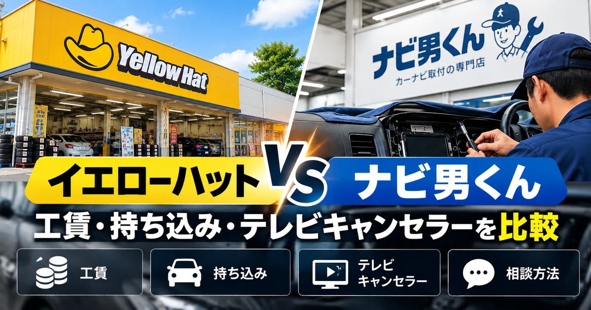 イエローハットとナビ男くんの工賃・持ち込み・テレビキャンセラー対応を比較したアイキャッチ画像