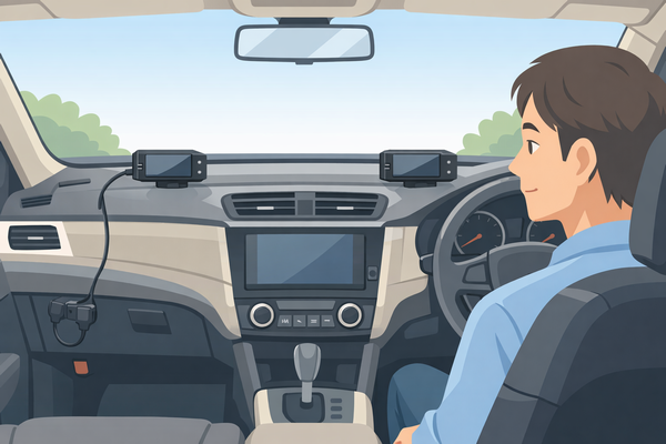 レーダー探知機の取り付け方法の違い（シガー接続と配線を隠した設置）の比較イメージ