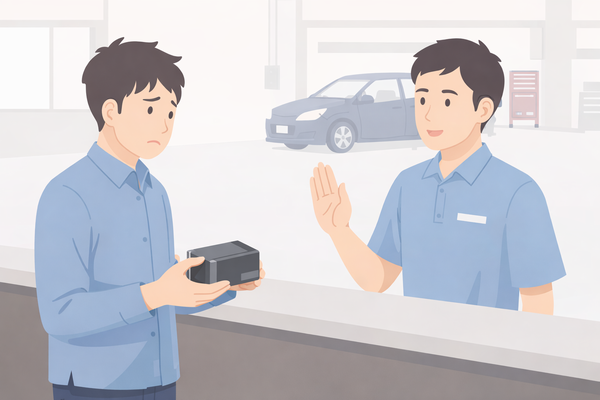 レーダー探知機の持ち込み取り付けを断られるイメージ（店舗対応不可のケース）