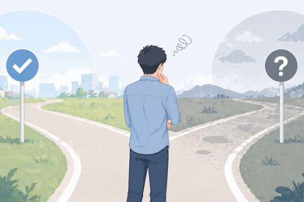 情報不足のまま判断してしまい迷う人物と不確かな選択肢のイメージ