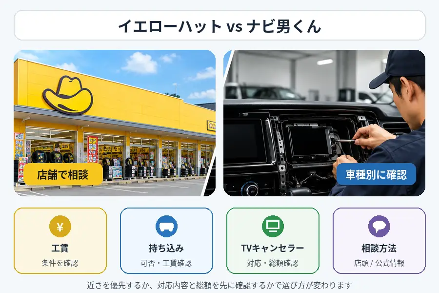 イエローハットとナビ男くんの工賃・持ち込み・テレビキャンセラー対応の違いを比較した図