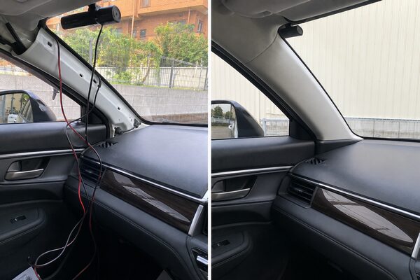 配線が見える雑な後付け配線と、純正風にきれいに施工されたプロ品質の車内配線を比較した画像