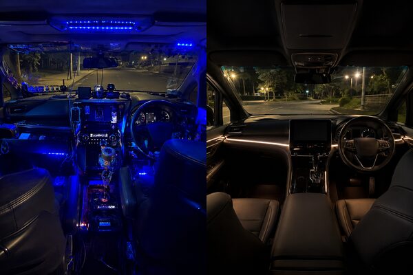 安っぽい後付け感のある車内カスタムと純正風高級インテリアを比較した日本車の内装イメージ画像