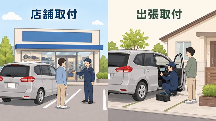 オートバックスの店舗取付とナビ男くんの出張取付を比較するイメージ