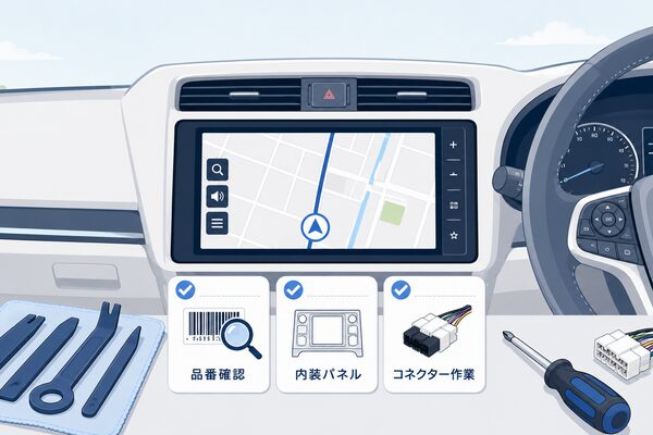 データシステムのテレビキット取り付け前に品番や内装パネルを確認するイメージ