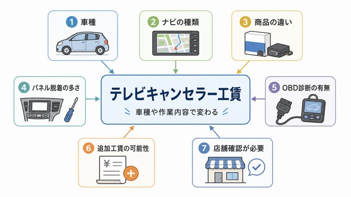テレビキャンセラー工賃が車種や作業内容で変わる要素の図解