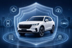 カーセキュリティのメーカー比較をイメージした白いSUVとセキュリティ機能のイラスト