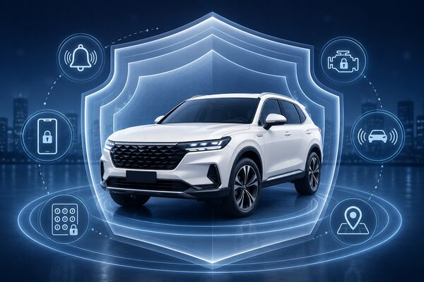カーセキュリティのメーカー比較をイメージした白いSUVとセキュリティ機能のイラスト