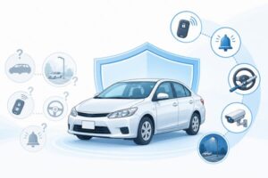 乗用車を中央に、スマートキーや警報、ハンドルロック、防犯カメラ、駐車場照明などの盗難対策を比較するイラスト