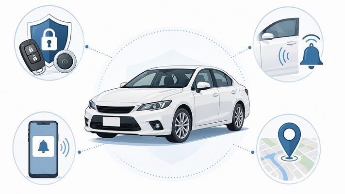 乗用車を中央に、キー・エンジン始動保護、侵入検知、スマホ通知、GPS位置確認の4つの防犯機能を示したカーセキュリティのイラスト