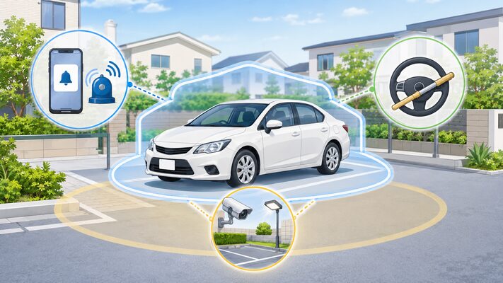 住宅街に駐車された乗用車を、電子対策・物理対策・駐車環境の3つの防犯レイヤーで守る自動車盗難対策のイラスト
